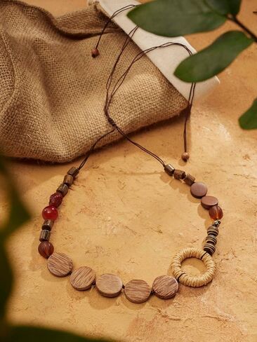 MINACHI Handmade Braided Necklace for Women, Wooden Beads, Rattan Charm, Vintage Style, Gift Jewelry in Saudi Arabia