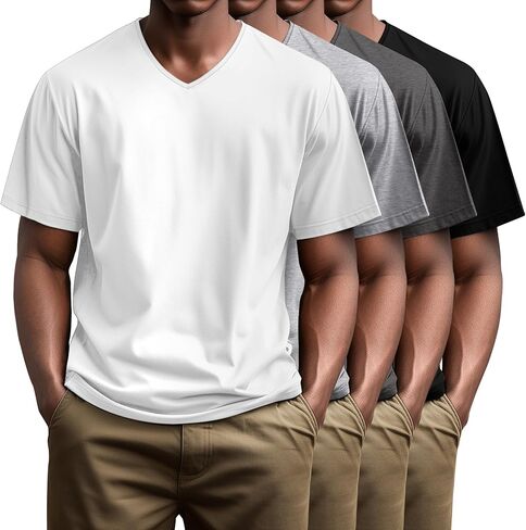 Huukeay 4 Pack Men's V Neck Cotton T Risirts M-7XL العادية والطول القصير الأكمام Tee 2025 Summer Clothing in Kuwait