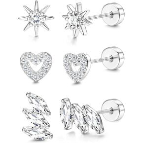 Sterling Silver Flat Back Earrings for Women Trendy Small Hoop Huggie Earrings CZ Cartilage Stud Earrings Set White Gold Plated Tragus Helix Earrings Piercing Jewelrys