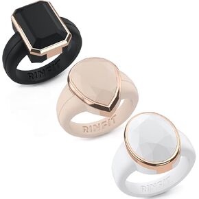 Rinfit Silicone Wedding Rings for Women - Rubber Engagement Bands - Stainless Steel Frame - Emerald Black/Pear Nude/Oval White with Metal Rose Gold - Size 7