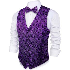Barry.Wang Men's Waistcoat Bowtie Set Paisley Jacquard Silk V-Neck Vest Handkerchief Cufflinks Formal/Leisure Wedding Party