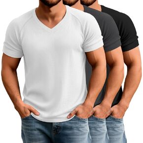 Riyiper 3 Pack Men's Muscle T Shirts Slim Fit Workout Bodybuilding Tees Ribbed Knit Textured V Neck Short Sleeve Tee Shirts in Kuwait