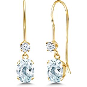 Gem Stone King 14K Yellow Gold Sky Blue Aquamarine French Wire Dangle Earrings For Women (0.96 Cttw, Gemstone March Birthstone, Oval 6X4MM and Round 2.5MM)