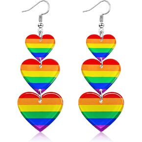 LGBTQ Rainbow Pride Earrings for Women Triple Love Heart Earrings Dangling Gay Lesbian Bisexual Transgender Jewelry Accessories for Pride Month