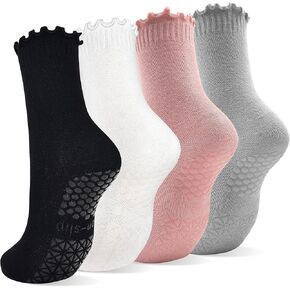 SkiBeaut Pilates Yoga Grips Socks, 4 Pairs Non Slip Skid Women Reformer Hospital Sticky Socks for Elderly Pregnancy Lady