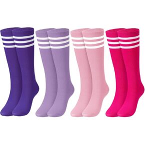 Jeyiour 4 Pairs Women Knee High Socks Outdoor Sport Athletic Stripe Long Tube Socks for Women Cheerleading Soccer, 4 Colors
