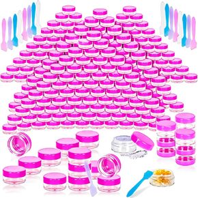 MOTBACH 100 PCS 5G حاويات بلاستيكية فارغة مع أغطية سوداء ، حاويات عينة المكياج الصغيرة ، الجرار الصغيرة عينة من مستحضرات التجميل مع ملاعق صغيرة للمستحضرات المسحوق السائل