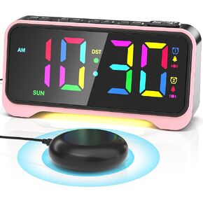 Loud Alarm Clock for Heavy Sleepers Adults, Bed Shaker Alarm Clock with 10-Color Modes/Night Light/USB Charger/7 Dimmer/Battery Backup, Vibrating Alarm Clocks for Hearing Impaired Deaf, Kids, Teens