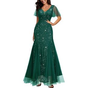 Miusol Women's Sequin Lace Deep-V Neck Tulle Mermaid Hem Evening Party Maxi Dress