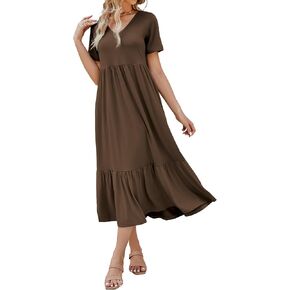 Women's 2025 Summer Short Sleeve V Neck Swing Dress Flowy Tiered Maxi Beach Sundress with Pockets