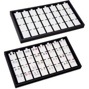 Ikee Design 2 Pcs Set Black Earring Display Tray with 32 Earring Cards Organizer, Jewelry Tray Display for Earring Collection, 100pcs Earring Puffy Cards, 14 3/4W x 8 1/4D x 1H in, Color: White, Black