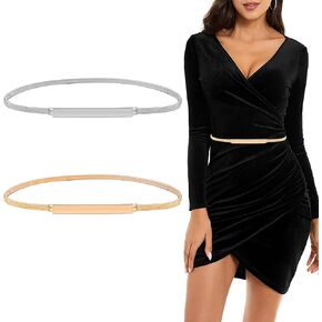 2PCS Women Skinny Metal Chain Waist Belt Fashion Dress Belts, Metal Stretch Waist Skinny Belt Waistband for skirts(Gold, Silver)