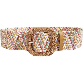 GORGLITTER Women's Woven Rattan Wide Stretch Straw Belt with Round Buckle