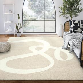 Abani Abstract Beige/Black Area Rug - 6'x9' - Modern Curved Line Design - Deco Collection - Easy to Clean - Durable for High Traffic Areas - Bedroom, Office & Kitchen - Medium Pile