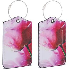 2 Pcs PU Leather Luggage Tags for Suitcase, Travel Airport Luggage Tag with Privacy Flap, Name ID Label and Stainless Steel Metal Loop for Women Men Baggage Handbag Backpack (Dragonfly & Flowers)
