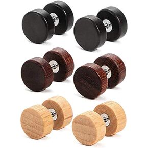 YZstyle 8mm Wood Faux Gauges Plugs Earrings for Men Women Wooden Fake Plugs Gauge Studs Circle Flat Back Cheater Tunnel Dumbbell Earrings Set (3 Pairs) (3pair a setE045)