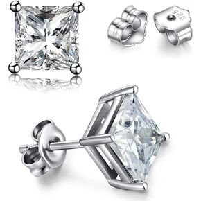 925 Sterling Silver Princess Cut Cubic Zirconia Stud Earrings for Women Men 4 Prong Sparkling Simulated Diamond Brilliance CZ Studs Ear Piercing Earring Hypoallergenic Jewelry, 4-8MM Available