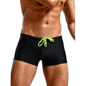 Men's Bright Color Swim Trunks, Sexy Stretch Swimwear, Drawsting Low-Rise Square-Leg