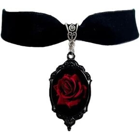 Dark Red Rose Flower Black Velvet Choker Necklace for Women Gothic Vintage Victorian Crystal Pendant Collar Necklaces Statement Sexy Cameo Punk Witch Vampire Steampunk Neck Cosplay Jewelry Party