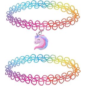 BodyJ4You Tattoo Choker Necklace - 90s Choker Necklace Women - 2000s Rainbow Choker - Glitter Unicorn Pink Purple Blue Charm Pendant - Colorful Stretchy Elastic Necklace