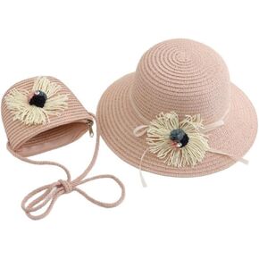 Girls Sweet Lace Bowknot Summer Sunblock Straw Hat with Crossbody Bag Wide Brim Outdoor Beach Sun Protection Bucket Hat