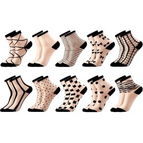 Jspupifip 10 Pairs Sheer Socks Striped Plaid Mesh Dot Bow See Through Transparent Socks for Women Girls in Kuwait