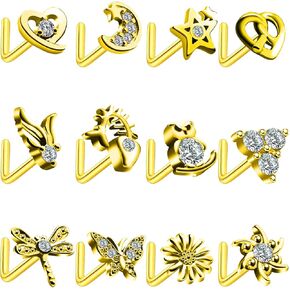 12 Pcs 20G Nose Studs Stainless Steel L Shaped Nose Rings Studs for Women CZ Heart Butterfly Star Nose Piercing Jewelry Gold