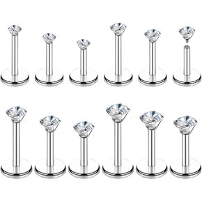 12Pcs Nose Stud 16G Flat Back Stainless Steel Internally Threaded Nose Studs Silver Cartilage Helix Tragus Piercing Jewelry (2mm/3mm/4mm/5mm)