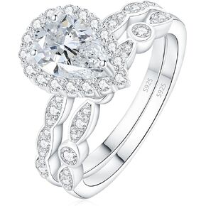 1CT Pear Cut Cubic Zirconia Halo Promise Engagement Ring For Women in 925 Sterling Silver, Simulated Diamond 14k White Gold Plated CZ Stackable Rings For Her, Wedding Band Bridal Ring Set