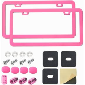 Pink License Plate Frame, Premium Fashion Matte Aluminum Alloy Holder with 2 Holes, 2 Pack Waterproof Rust-Proof Universal Car Frame for Women, Including Screws, Caps and Rattle Proof Pads