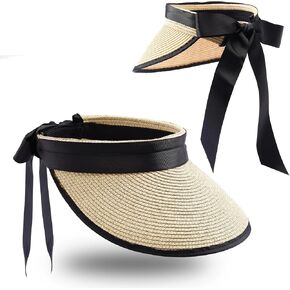 Mialkoo Sun Visor Hat Knit Straw Hollow Top Wide Brim Cap للنساء لتخزين غطاء حماية الأشعة فوق البنفسجية