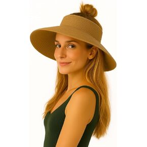 Sun Hats Beach Summer for Women: Womens Straw Ponytail for Travel - Wide Brim Packable Sunhat - Gifts for Mother Sister