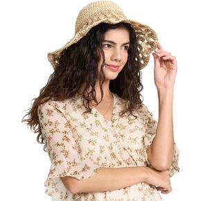 Wide Brim Sun Hats for Women Straw Beach Hat with Bow Crochet Travel Bucket Hat Foldable