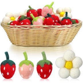 18 Pcs Felt Strawberry Decor Handmade Fake Mini Wool Felt Craft Plush Decoration Daisies Strawberries Bowl Fillers for Spring Summer Baby Shower Christmas Wedding Home Kitchen Decor Gift