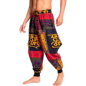 Men's Aladdin Hippie Harem Pants Loose Cotton Linen Drop Crotch Trousers Casual Baggy Elastic Waist Yoga Pants