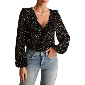 Makemechic Women's Polka Dots Ruffle v Neck Long Sleeve Mesh Shier Bodysuit قمصان