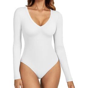 ATHMILE Deep V Neck Long Sleeve Bodysuits for Women Sexy Going Out Tops Body Suits