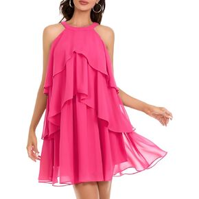DRESSTELLS Women's Casual Halter Ruffle Tiered Dresses, Beach Wedding Cocktail Party Mini Sundress