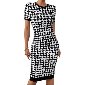 SOLY HUX Women's Houndstooth Print Short Sleeve Bodycon Dress Elegant Party Cocktail Dresses