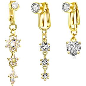 3Pcs CZ Crystal Heart Flower Dangle Fake Belly Button Rings for Women Non Piercing Clip On Belly Navel Rings Long Dangling Fake Belly Rings Non-Pierced Body Jewelry