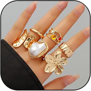 Chunky Gold Rings for Women Adjustable Stackable Statement Rings Set Baroque Pearl Flower Ring Knuckle Ring Chunky Jewelry Gift for Women