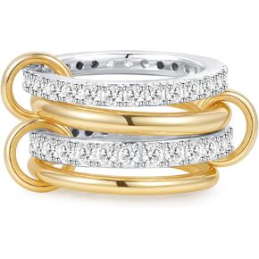 Interlocked Stackable Rings for Women, 14K Gold Plated Mixed Metal Ring Stack, Trendy Cubic Zirconia Connected Bands Two Toned Ring for Women