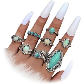 Bohemian Turquoise Ring Set for Women,Vintage Western Rings Chunky Turquoise Opal Stackable Knuckle Ring Set Punk Crystal Midi Finger Ring Pack Boho Jewelry