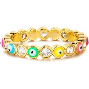 Gold Rainbow Evil Eye Ring for Women Cubic Zirconia Station 14K Gold Plated Minimalist Stack Finger Protection Jewelry Size 5-8