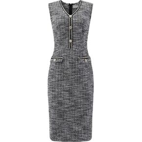 Women's Sleeveless Tweed Dress 2025 Summer Office Work V Neck Bodycon Pencil Dresses