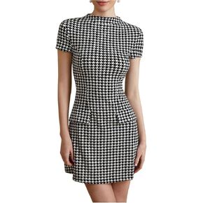 Women's Houndstooth Mock Neck Dress Short Sleeve Flared A Line Work Office Dresses
