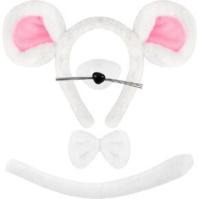 White Mouse Costume for Women Adult White Rat Ears Headband Nose Bowtie and Tail Rat Costume Adult Animal Cosplay Dress Kit Accessories