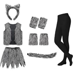 Hyuetrsa7Pcs Wolf Cosplay Costume Set Wolf Ear and Tail Costume Includes Tops Skirts Gloves Stockings and Leg Warmer for Women Men, for Halloween Werewolf Accessories Cosplay Costumes