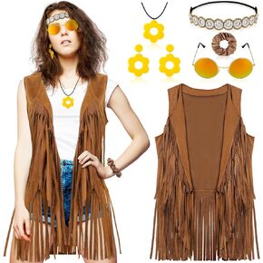 60s 70s Outfits for Women Clothes Costume Women Fringe Vest Brown 70s Costume Tops Sunglasses Necklaces Earring Headband Groovy Outfit, X-Large