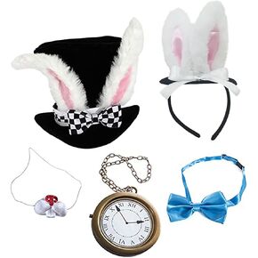 nezababycos 5PCS Easter White Rabbit Top Hat Set Bunny Ear Clock Nose Bow Tie Mad Hatter Costume Accessories for Women Men Adults Kids Halloween Party Cosplay